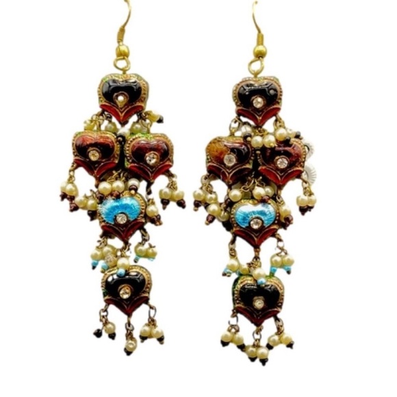 Vintage Jewelry - Vintage bohemian dangling heart shaped earrings with rhinestones and pearl